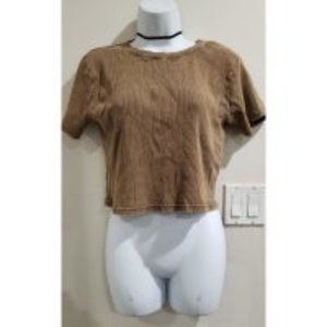 Brown Ribbed Short Sleeve Crewneck Distressed Fade Top Size XL